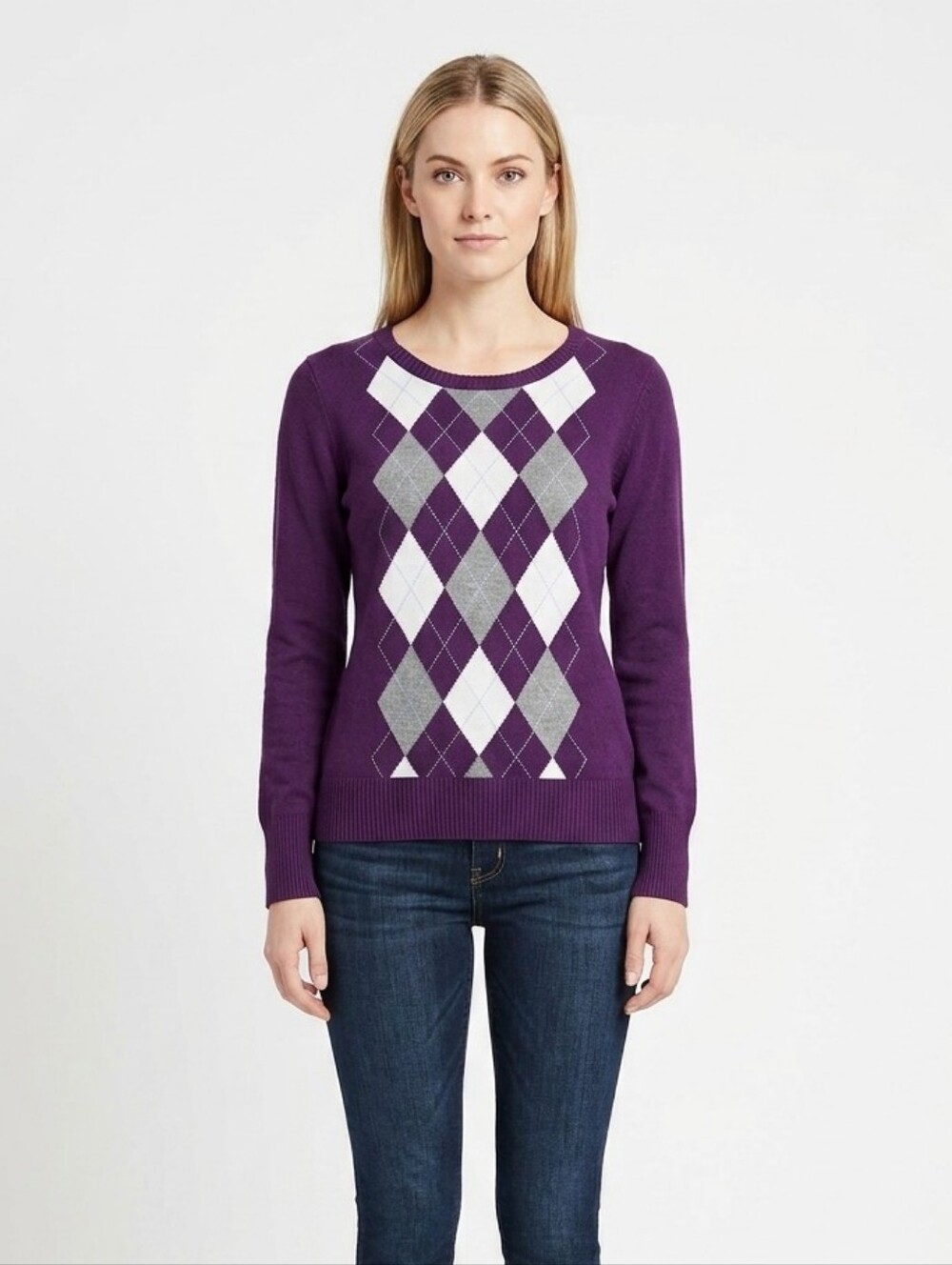 Purple Argyle Knit Sweater Crewneck Pullover Dark Academia Preppy Women Size L
